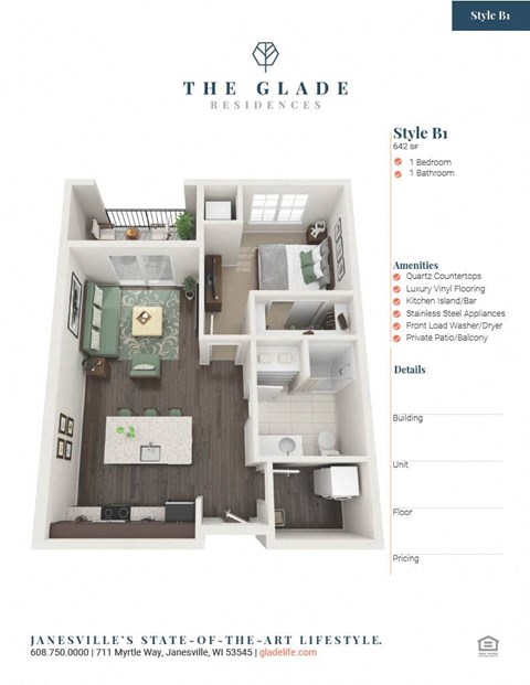 Floor plan for 1 bed, 1 bath, 642 sqft